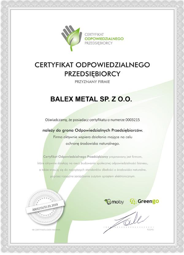 certyfikat dbałości o środowisko naturalne dla balex metal