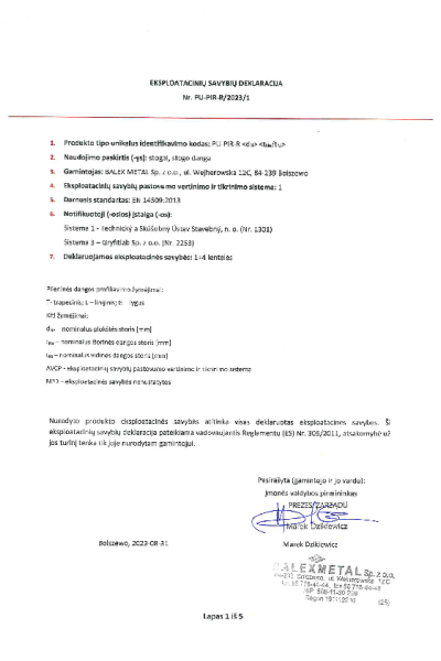 Eksploatacinių savybių deklaracija – PU-PIR-R
