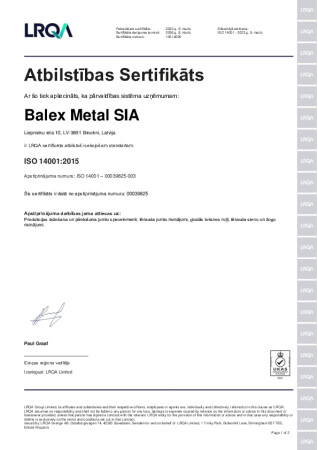 Atbilstības Sertifikāts ISO 14001:2015