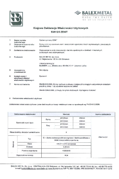 Deklaracja właściwości użytkowych (PL) - rynna Zenit (system)
